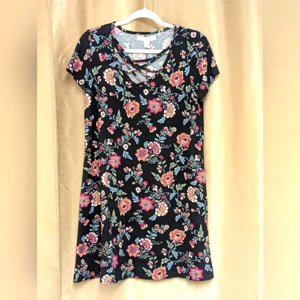 Floral Black Dress with Blue and Pink Accents Size Medium